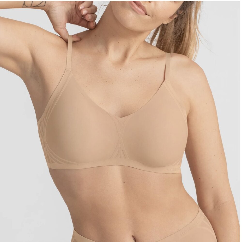 Honeylove Silhouette Bra Nude Tan Velvet Wire-free Adjustable Straps Size Large
